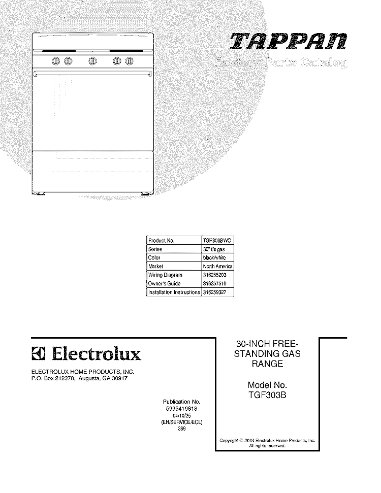 COVER Diagram and Parts List for TGF303BWC  Tappan Range