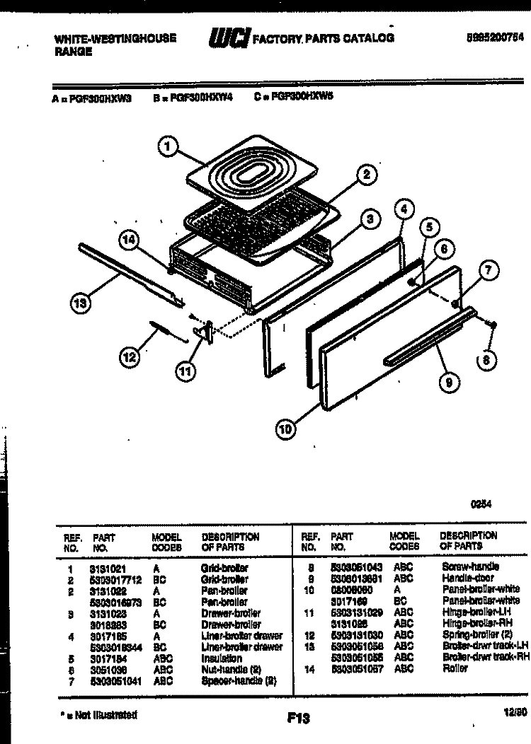 BROILER DRAWER PARTS Diagram and Parts List for PGF300HXW3  Frigidaire Range