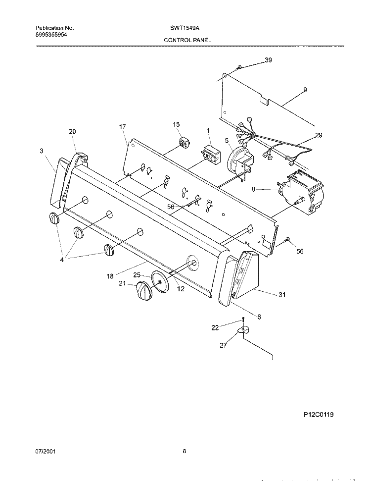 CONTROL PANEL Diagram and Parts List for SWT1549AS0  Westinghouse Washer