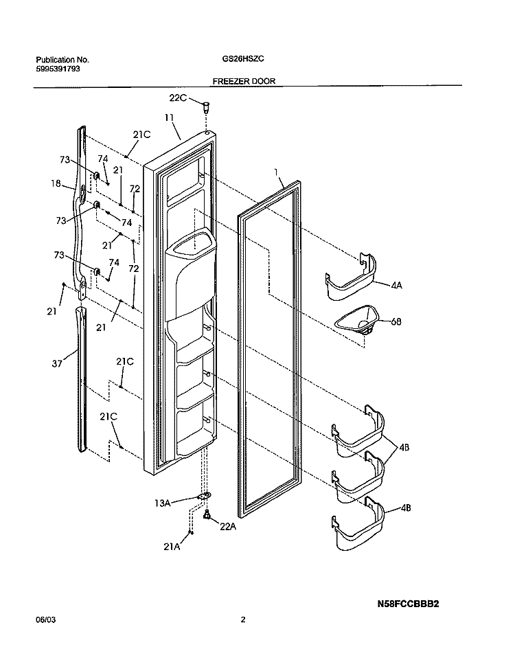 FREEZER DOOR Diagram and Parts List for GS26HSZCC0  Frigidaire Refrigerator