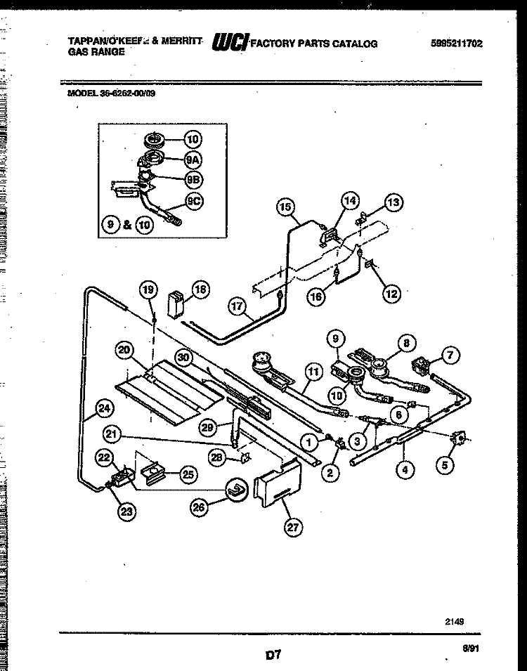 BURNER, MANIFOLD AND GAS CONTROL Diagram and Parts List for 36-6262-00-09  Tappan Range