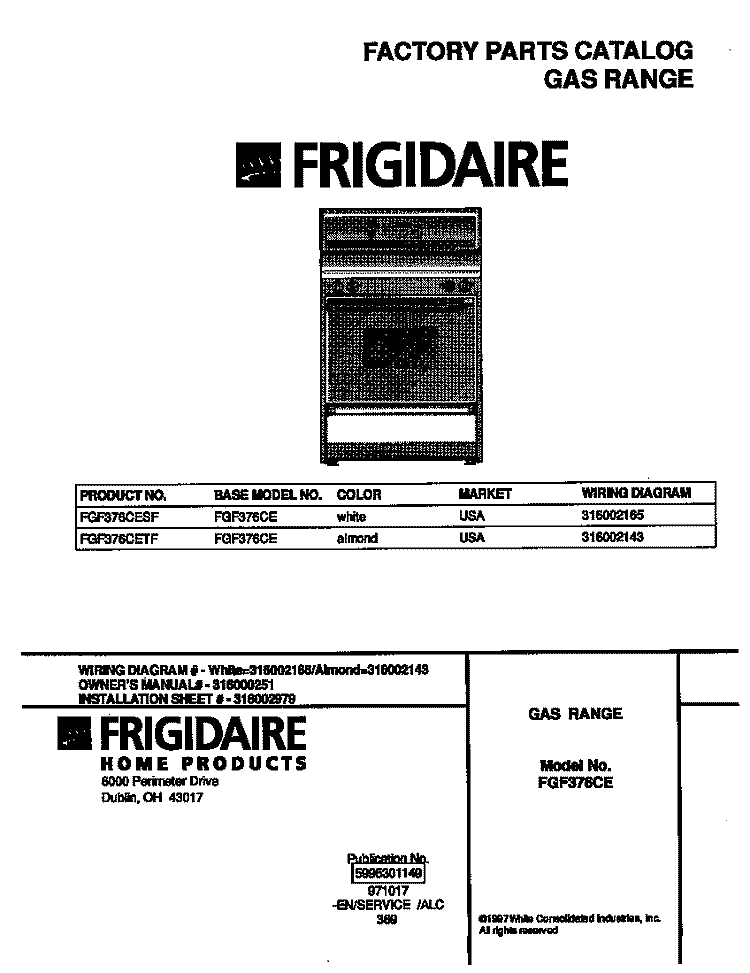 COVER Diagram and Parts List for FGF376CETF  Frigidaire Range