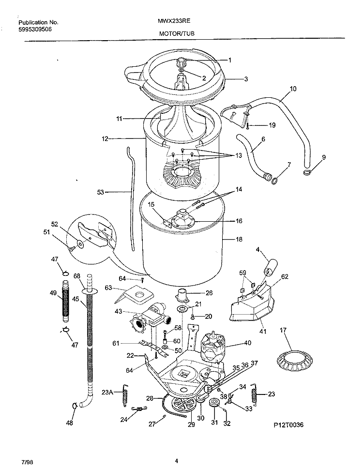 MOTOR / TUB Diagram and Parts List for MWX233RED2  Frigidaire Washer