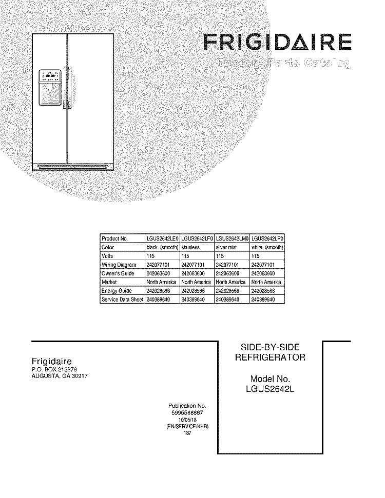 COVER Diagram and Parts List for LGUS2642LE0  Frigidaire Refrigerator