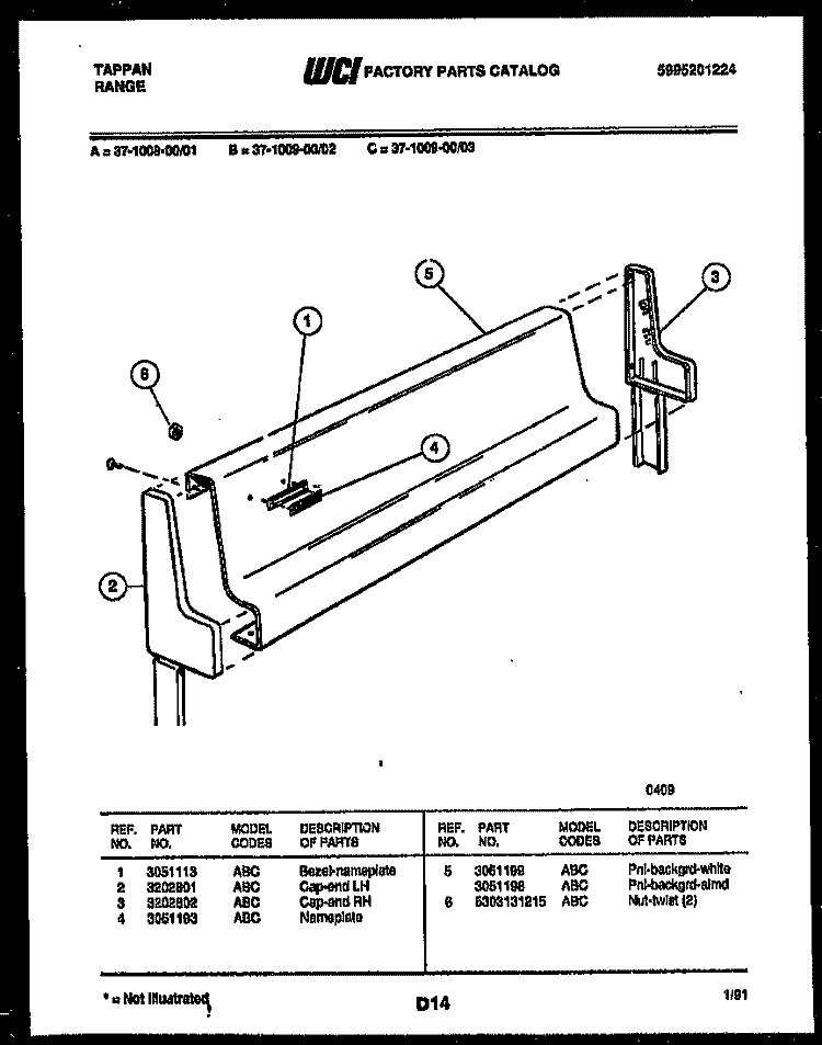 BACKGUARD Diagram and Parts List for 37-1009-00-01  Tappan Range