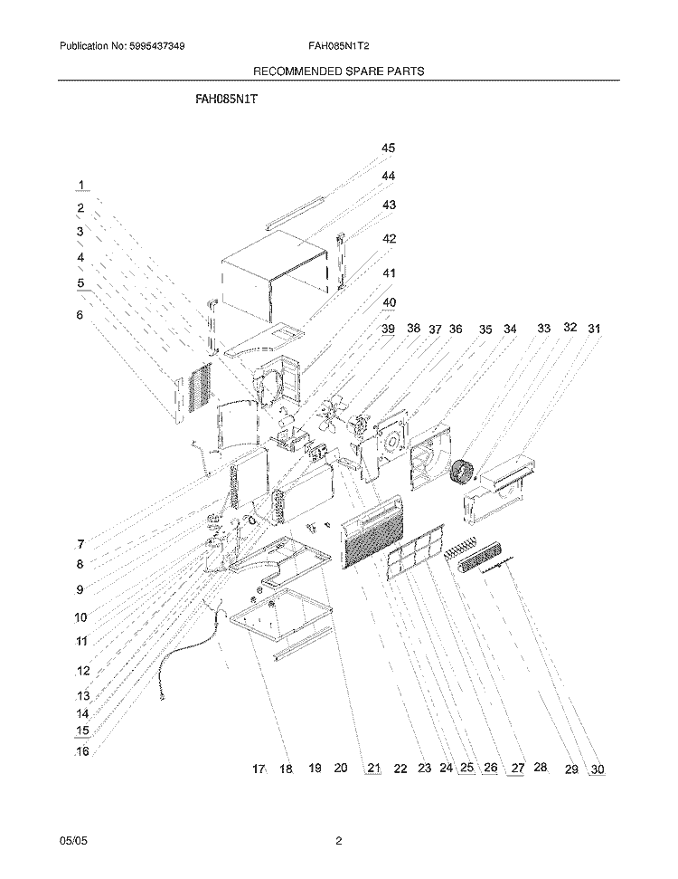RECOMMENDED SPARE PARTS Diagram and Parts List for FAH085N1T2  Frigidaire Air Conditioner