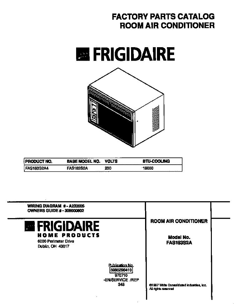 COVER Diagram and Parts List for FAS183S2A4  Frigidaire Air Conditioner