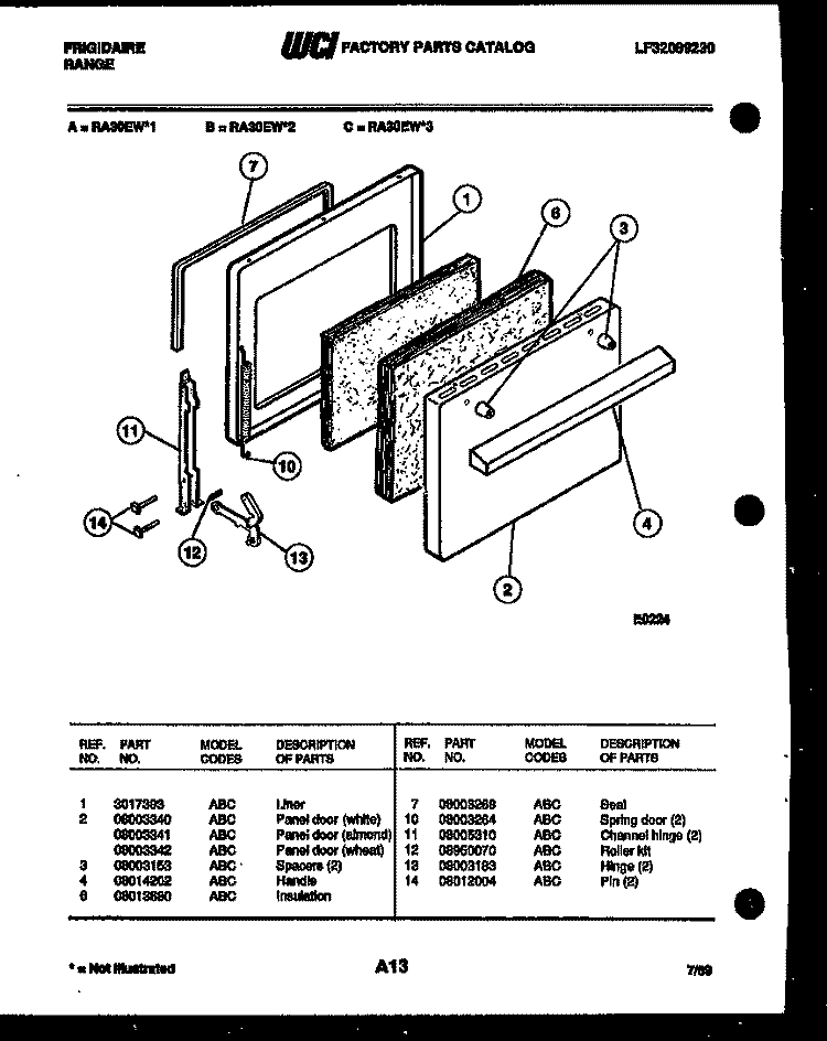 DOOR PARTS Diagram and Parts List for RA30EH1  Frigidaire Range