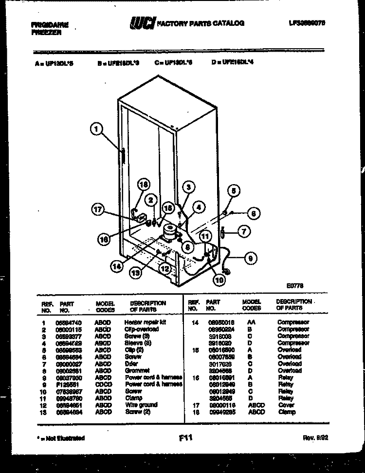 COMPRESSOR PARTS Diagram and Parts List for UFE16DL4  Frigidaire Freezer