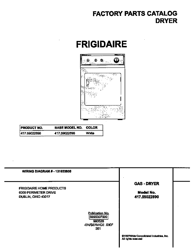 COVER Diagram and Parts List for 41759022890  Frigidaire Dryer