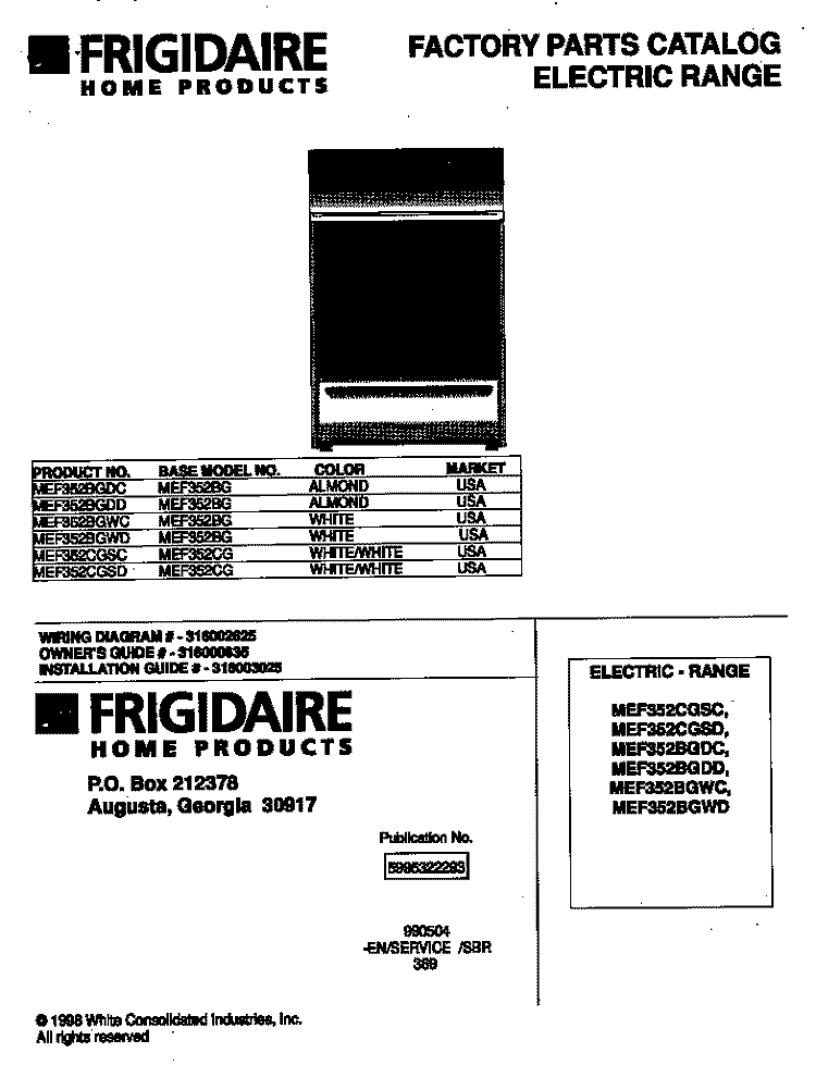 COVER Diagram and Parts List for MEF352BGWD  Frigidaire Range