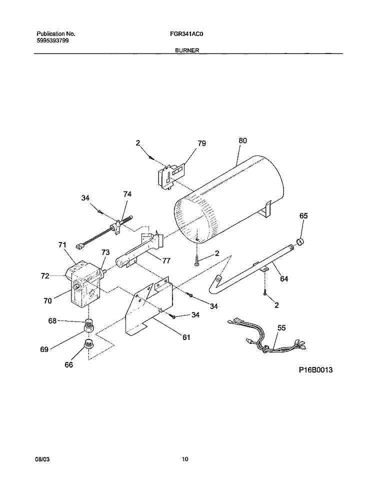 BURNER Diagram and Parts List for FGR341AC0  Frigidaire Dryer
