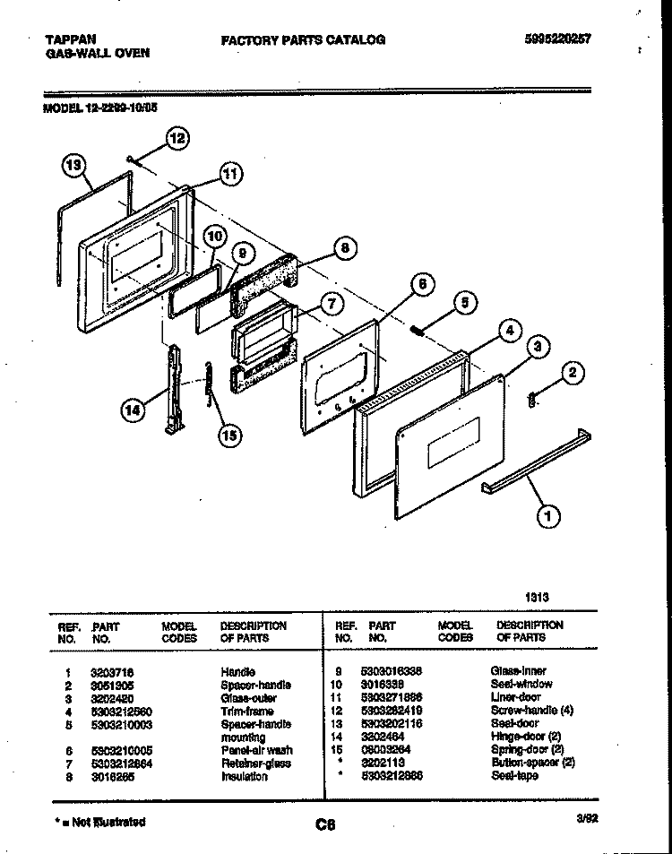 DOOR PARTS Diagram and Parts List for 12-2299-10  Tappan Wall Oven