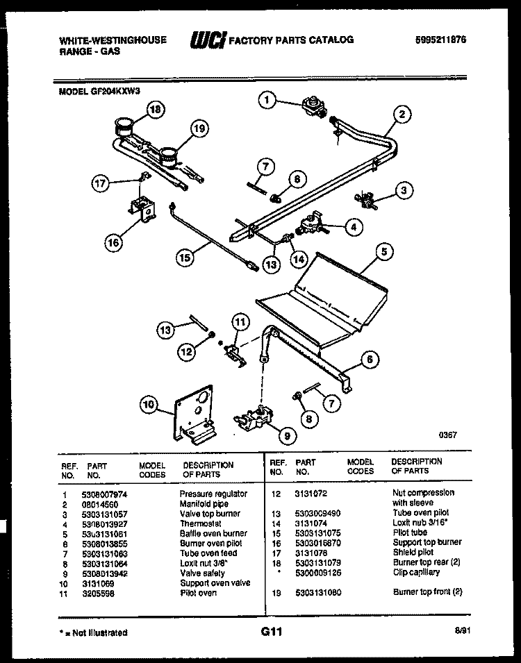 BURNER, MANIFOLD AND GAS CONTROL Diagram and Parts List for GF204KXD3  Frigidaire Range