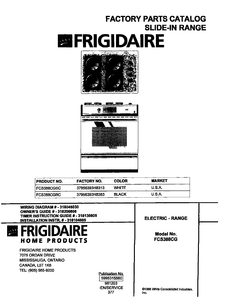 COVER Diagram and Parts List for FCS388CGBC  Frigidaire Range