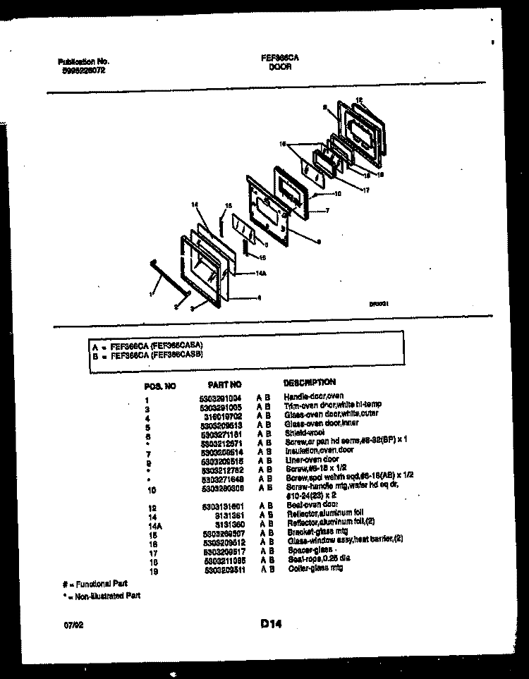 DOOR PARTS Diagram and Parts List for FEF366CASB  Frigidaire Range