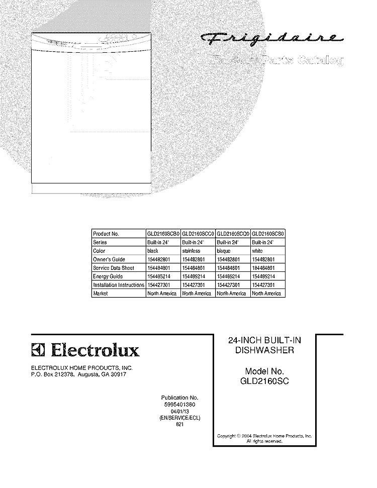 COVER Diagram and Parts List for GLD2160SCQ0  Frigidaire Dishwasher