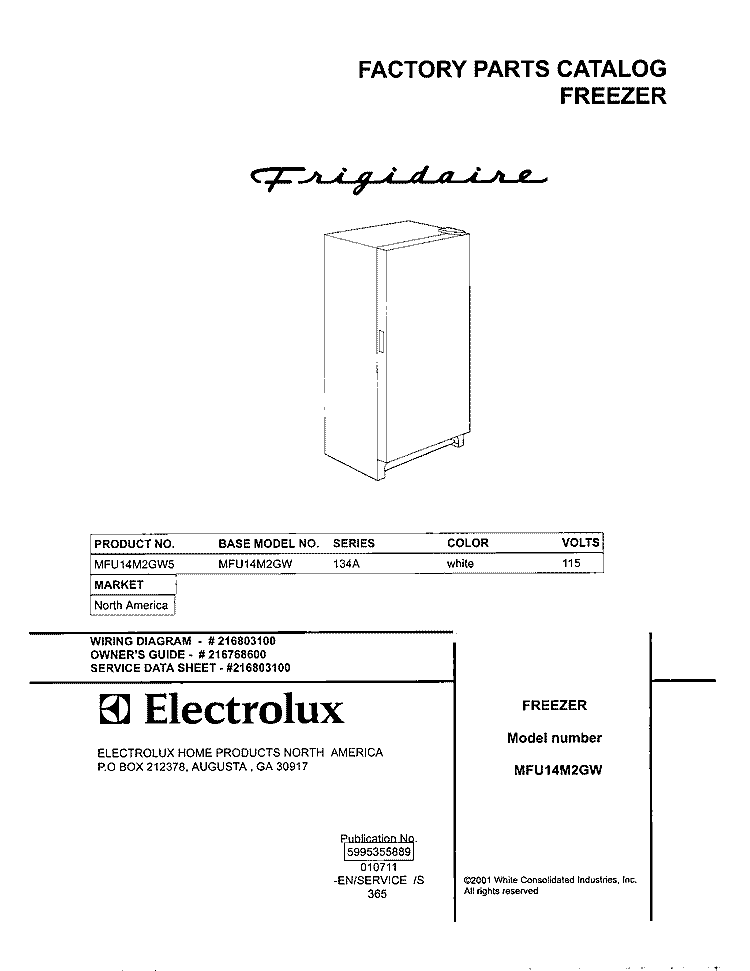COVER Diagram and Parts List for MFU14M2GW5  Frigidaire Freezer