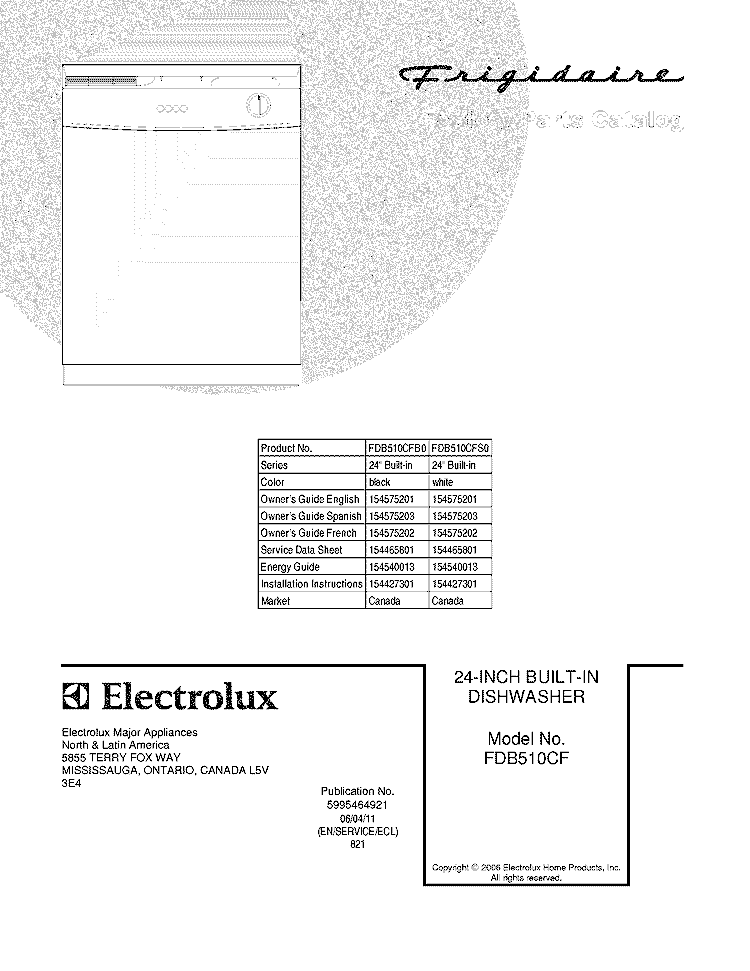 COVER Diagram and Parts List for FDB510CFS0  Frigidaire Dishwasher