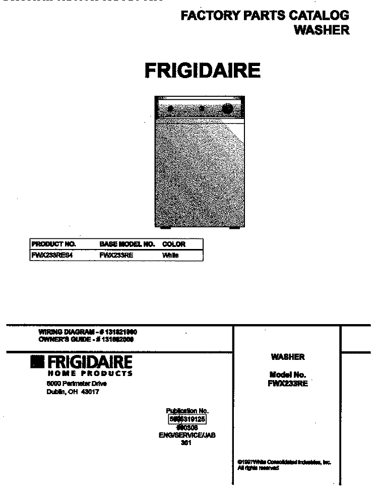 COVER Diagram and Parts List for FWX233RES4  Frigidaire Washer