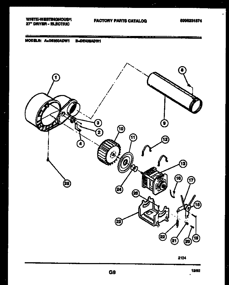 MOTOR AND BLOWER PARTS Diagram and Parts List for DE400ADD1  Frigidaire Dryer