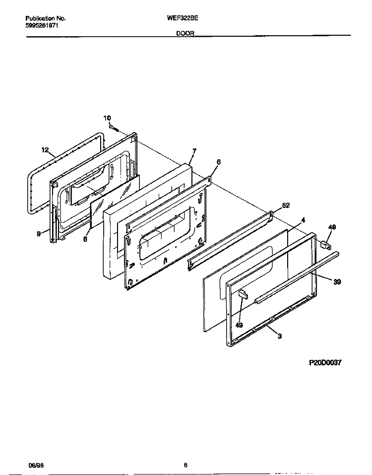 DOOR Diagram and Parts List for WEF322BEWA  Frigidaire Range