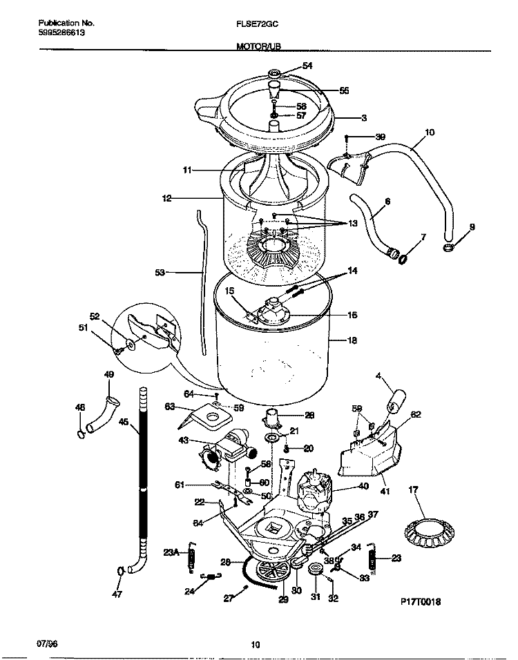 MOTOR / TUB Diagram and Parts List for FLSE72GCS4  Frigidaire Washer Dryer Combo