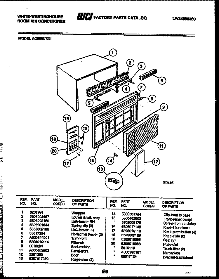 CABINET PARTS Diagram and Parts List for AC059N7B1  Frigidaire Air Conditioner