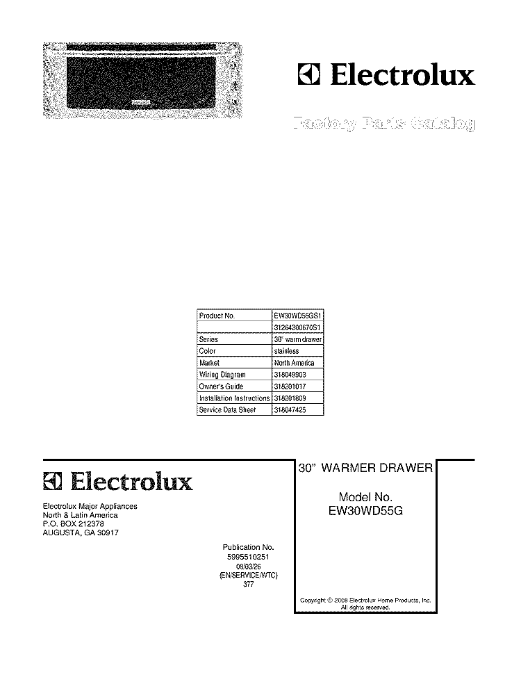 COVER Diagram and Parts List for EW30WD55GS1  Electrolux Warming Drawer