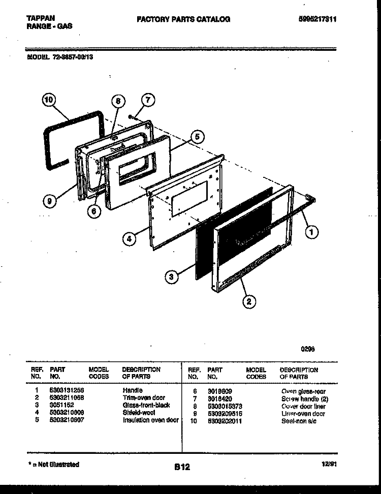 LOWER OVEN DOOR PARTS Diagram and Parts List for 72-3657-00-13  Tappan Range
