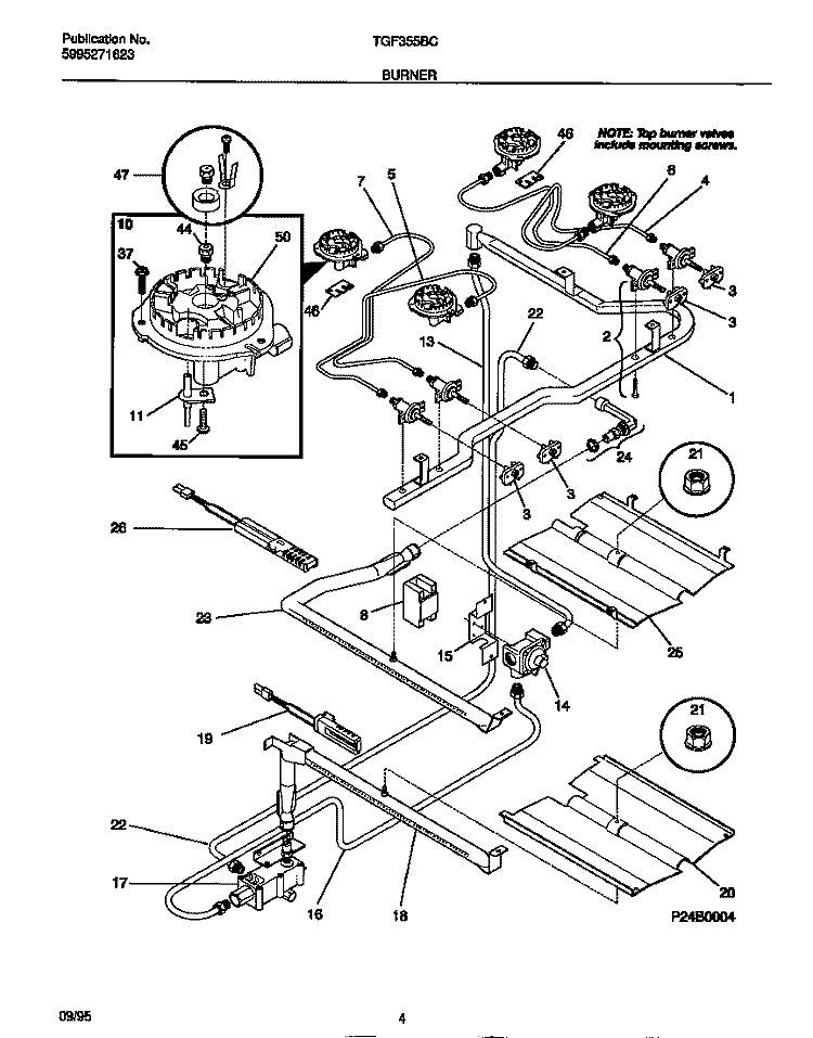 BURNER Diagram and Parts List for TGF355BCWA  Tappan Range
