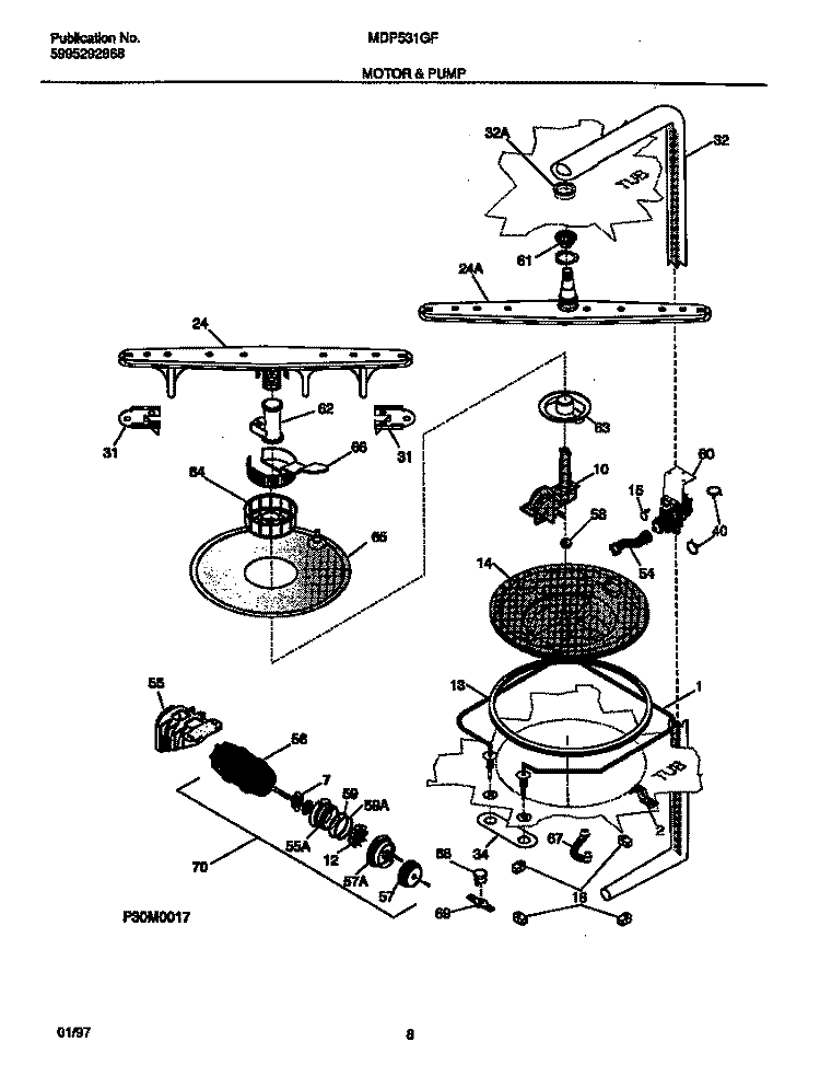 MOTOR & PUMP Diagram and Parts List for MDP531GFR0  Frigidaire Dishwasher