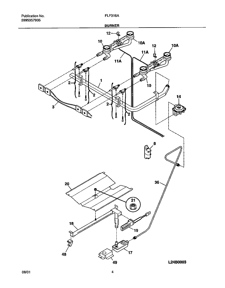 BURNER Diagram and Parts List for FLF316AQA  Frigidaire Range