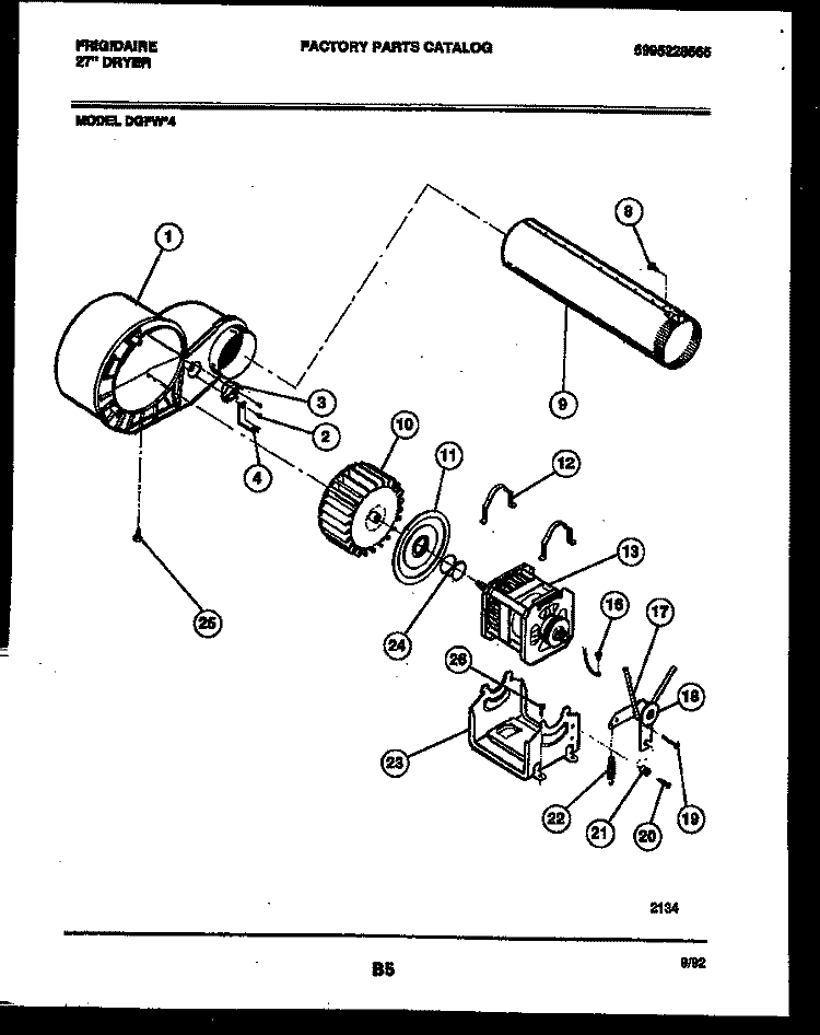 BLOWER AND DRIVE PARTS Diagram and Parts List for DGFW4  Frigidaire Dryer