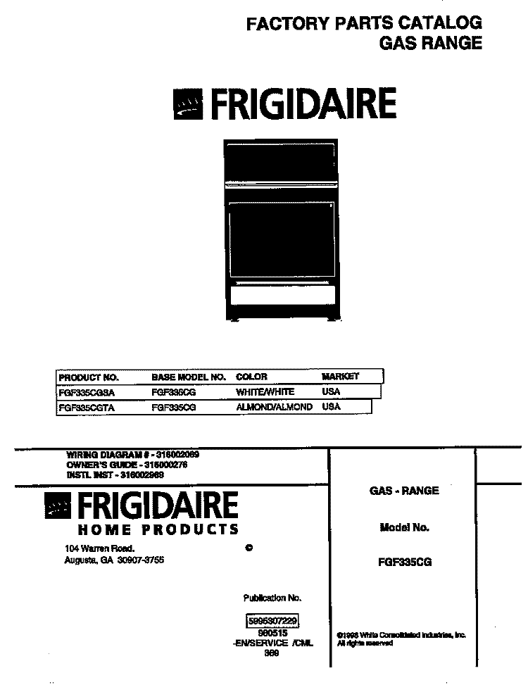 COVER Diagram and Parts List for FGF335CGTA  Frigidaire Range