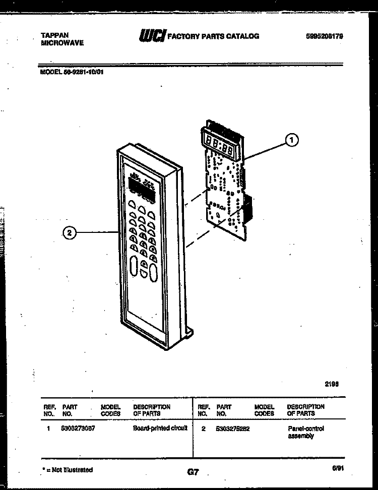 CONTROL PANEL Diagram and Parts List for 56-9281-10-01  Tappan Microwave