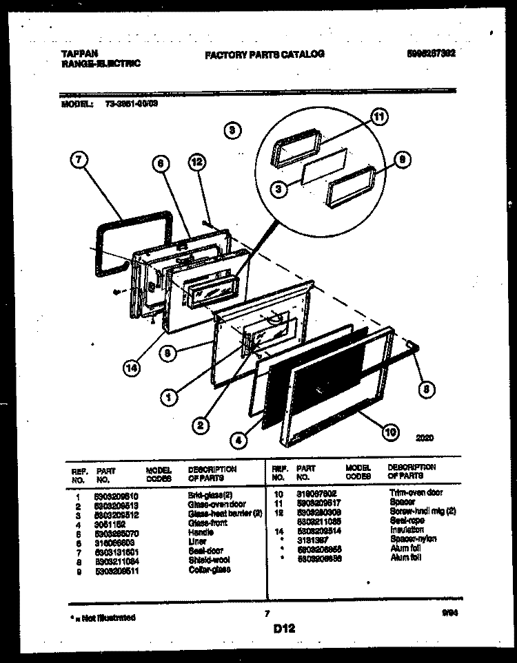 LOWER OVEN DOOR PARTS Diagram and Parts List for 73-3951-00-03  Tappan Range
