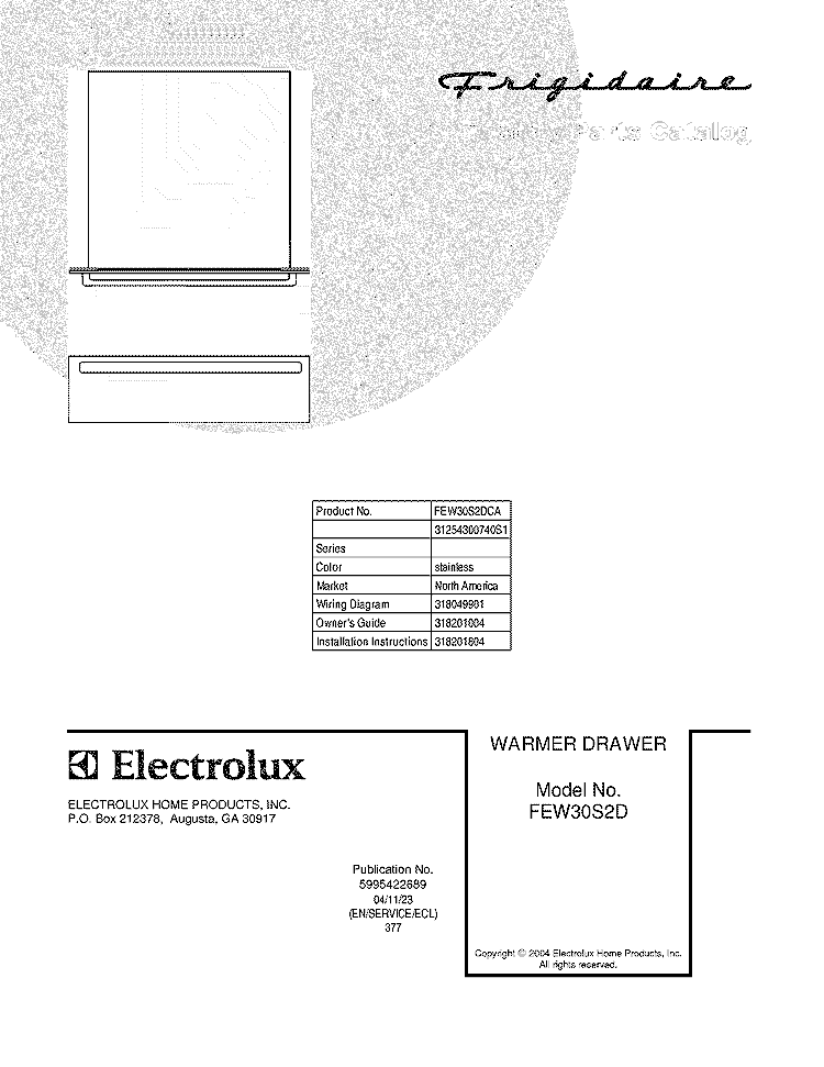 COVER Diagram and Parts List for FEW30S2DCA  Frigidaire Warming Drawer
