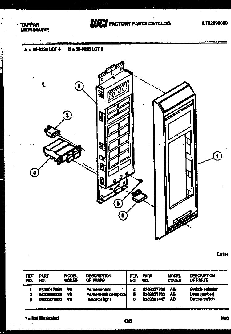 CONTROL PANEL Diagram and Parts List for 56-9338-10-05  Tappan Microwave