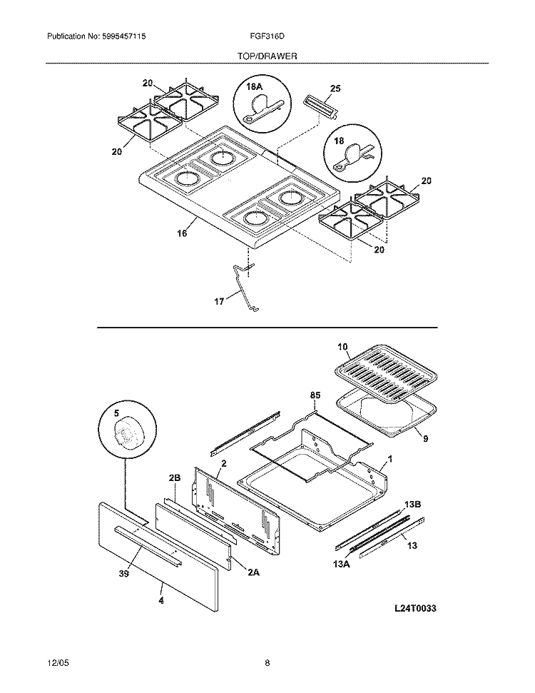 TOP / DRAWER Diagram and Parts List for FGF316DSD  Frigidaire Range