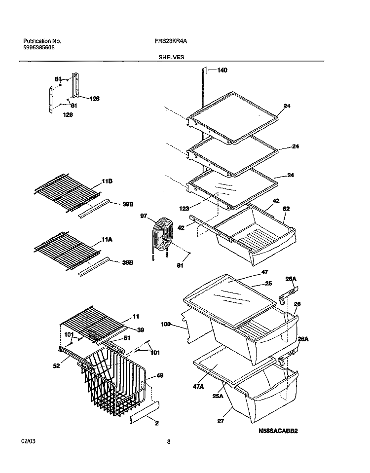 SHELVES Diagram and Parts List for FRS23KR4AB7  Frigidaire Refrigerator