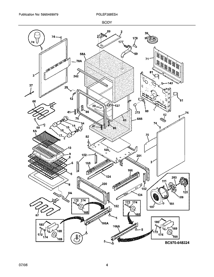 BODY Diagram and Parts List for PGLEF388ES4  Frigidaire Range