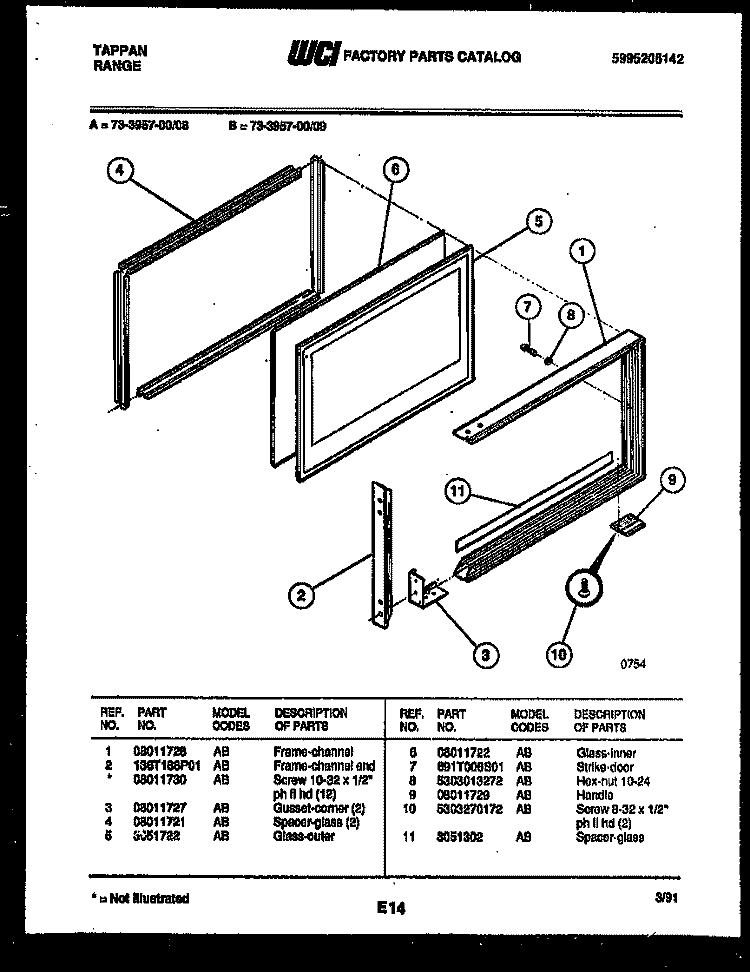 UPPER OVEN DOOR PARTS Diagram and Parts List for 73-3957-23-09  Tappan Range
