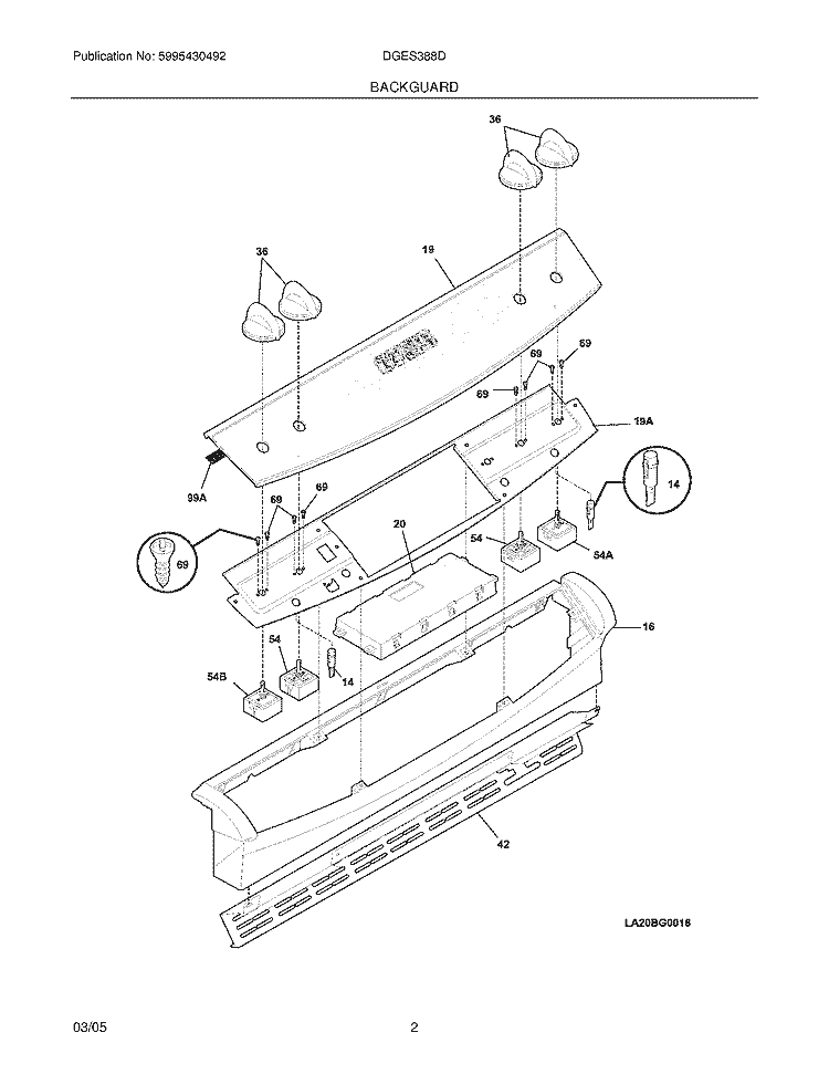 BACKGUARD Diagram and Parts List for DGES388DS3  Frigidaire Range