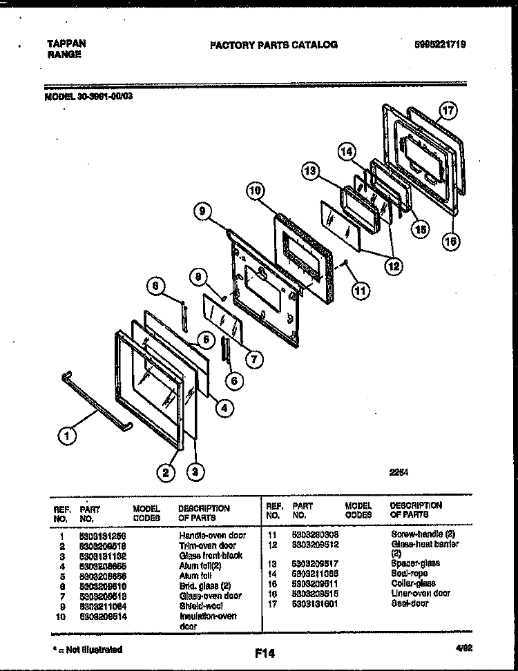 DOOR PARTS Diagram and Parts List for 30-3991-00-03  Tappan Range