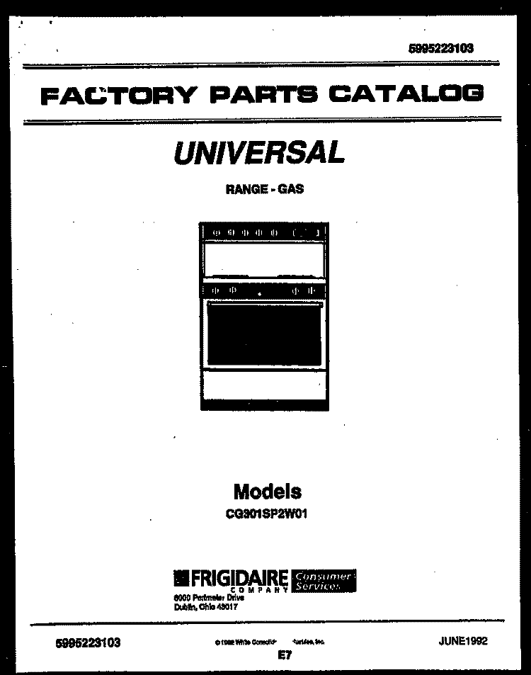 COVER Diagram and Parts List for CG301SP2W1  Frigidaire Range
