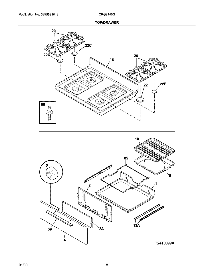 TOP/DRAWER Diagram and Parts List for CRG3140GBBF  Crosley Range