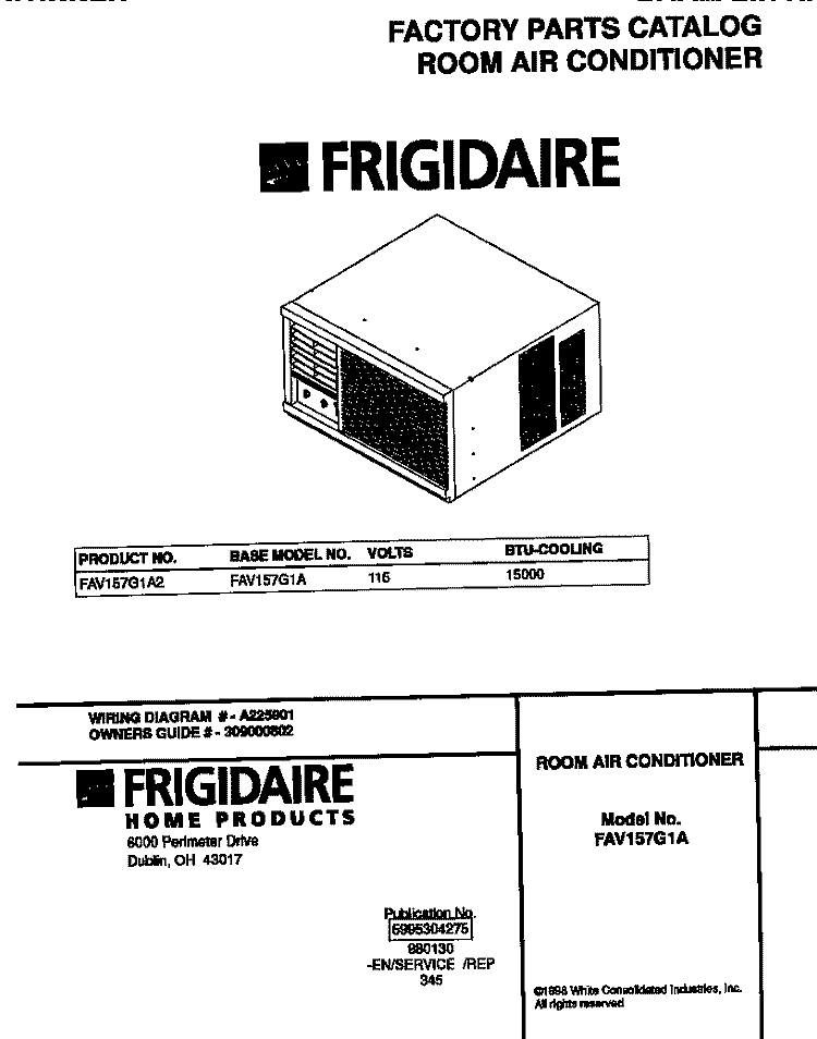 COVER Diagram and Parts List for FAV157G1A2  Frigidaire Air Conditioner