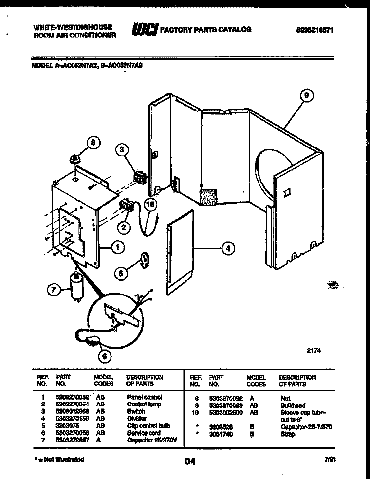 ELECTRICAL PARTS Diagram and Parts List for AC052N7A2  Frigidaire Air Conditioner