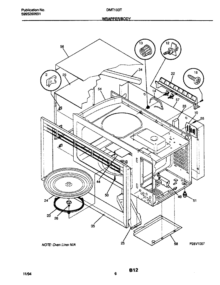 WRAPPER / BODY Diagram and Parts List for DMT103T1W1  Frigidaire Microwave